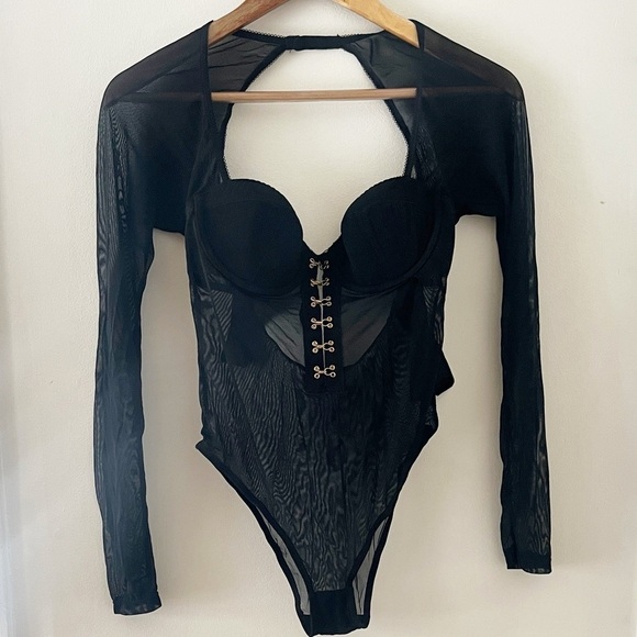 ASOS Tops - ASOS Sheer Mesh Bodysuit Black Long Sleeve Built In Bra 34B